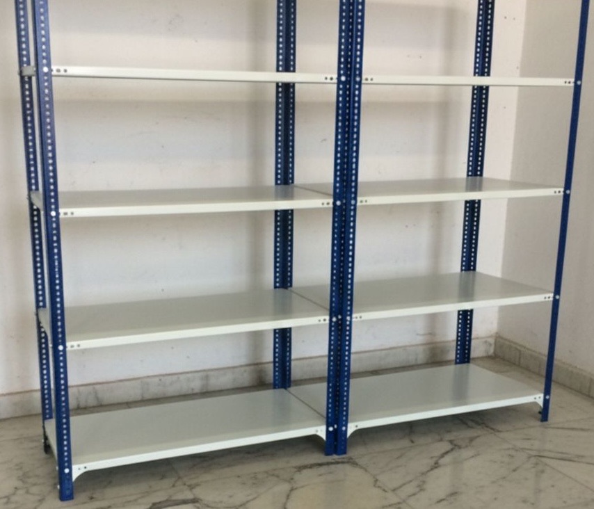 Open steel shelving with blue uprights and light shelves.